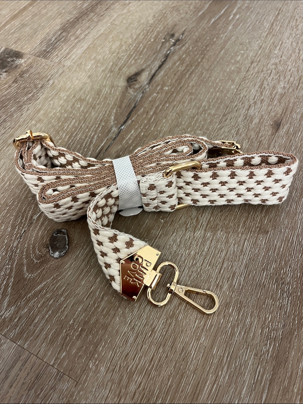 Pink Cove Adjustable Cream and Brown Patterned Bag Strap with Gold Hardware